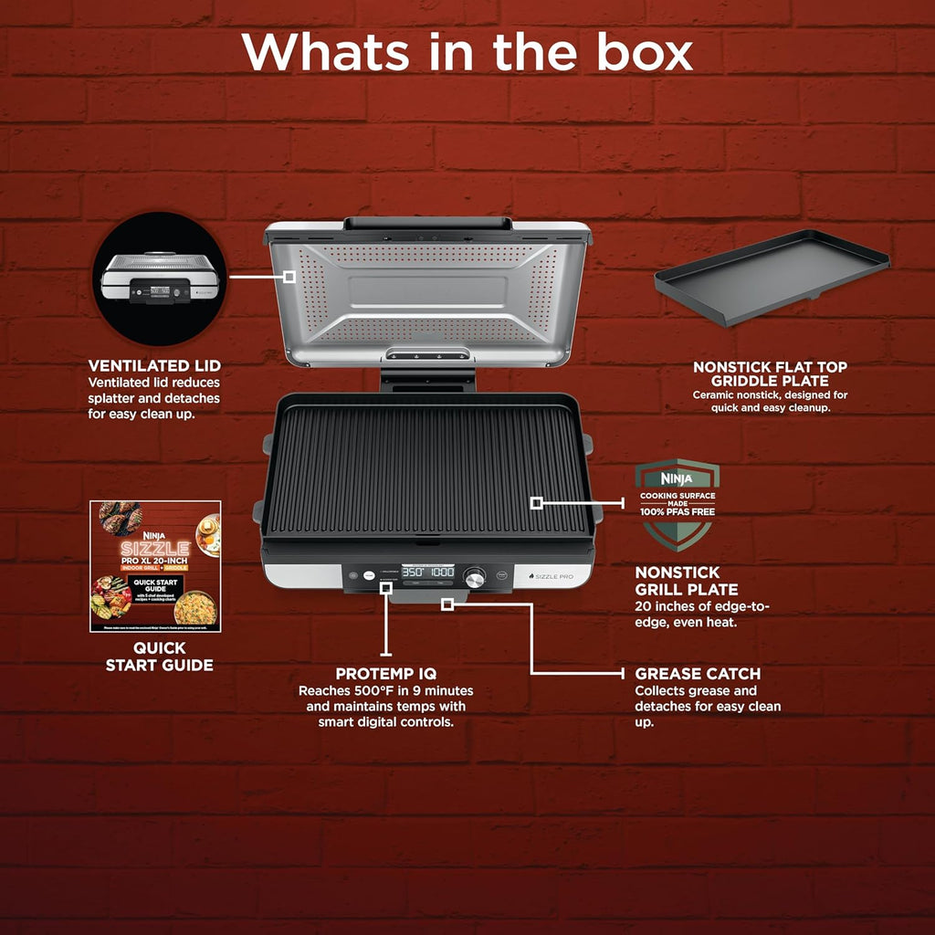 Ninja Sizzle Pro XL 20-Inch Indoor Griddle + Grill, Detachable Ventilated Lid, Grease Control, Ceramic Nonstick Plates, Even Edge Cooking, Extra Large Capacity, Versatile, Silver, GX101
