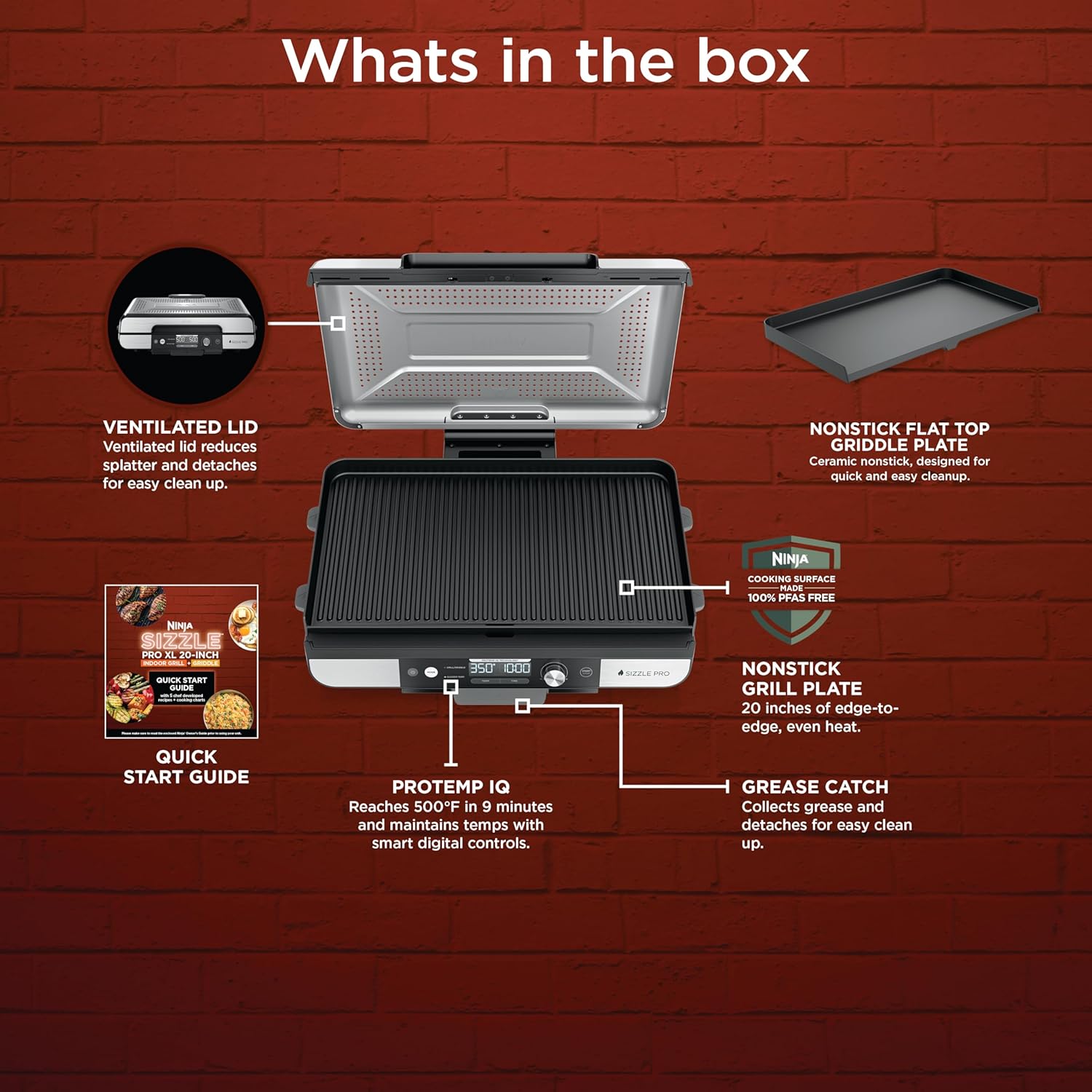 Ninja Sizzle Pro XL 20-Inch Indoor Griddle + Grill, Detachable Ventilated Lid, Grease Control, Ceramic Nonstick Plates, Even Edge Cooking, Extra Large Capacity, Versatile, Silver, GX101