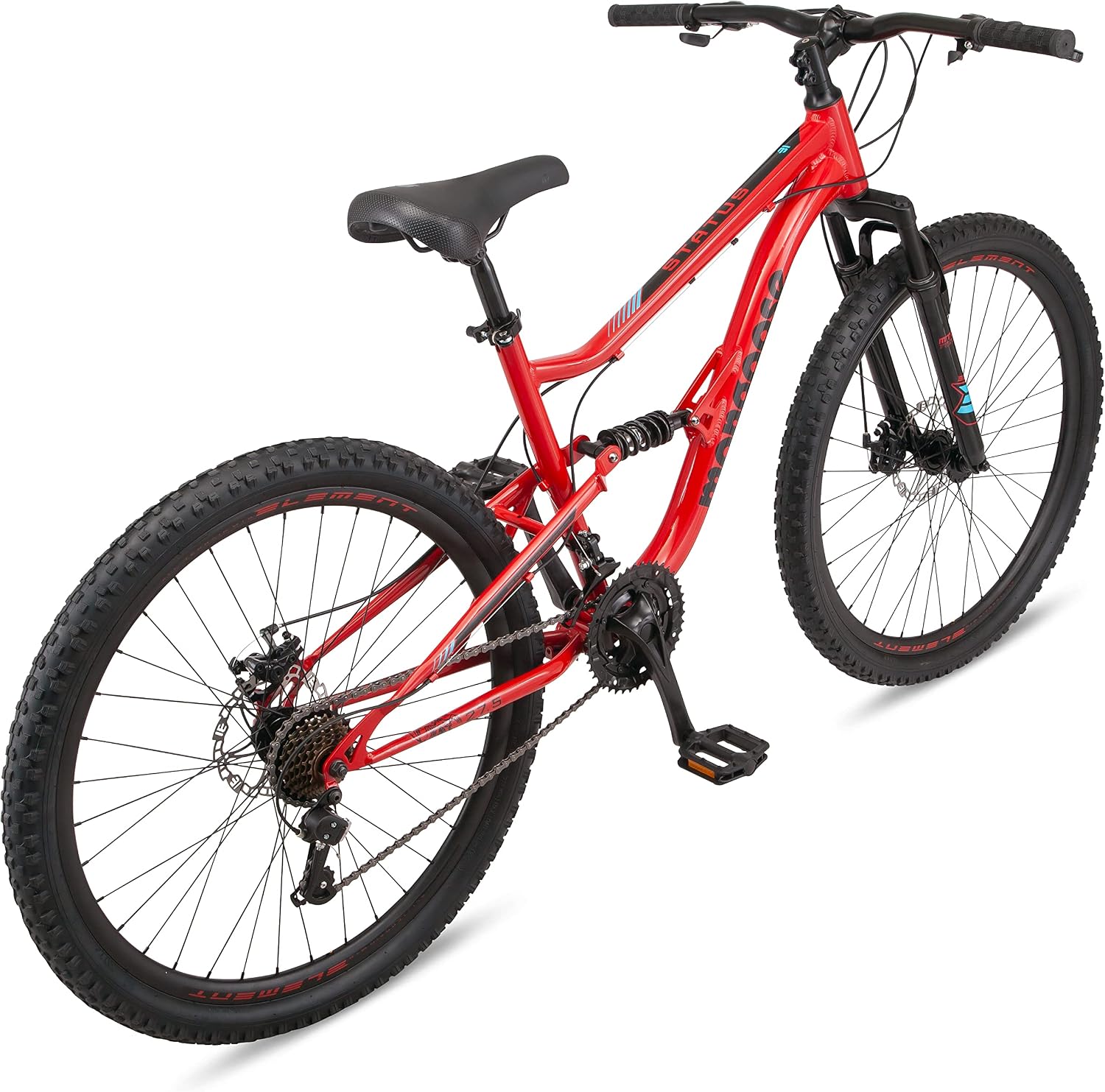 Mongoose Status Mountain Bike, 27.5 Inch Bike for Men and Women, 21 Speed, Aluminum Suspension Frame, Steel Rear Triangle, Dual Suspension, Knobby Mountain Tires, Mechanical Disc Brakes, Adult Bicycle