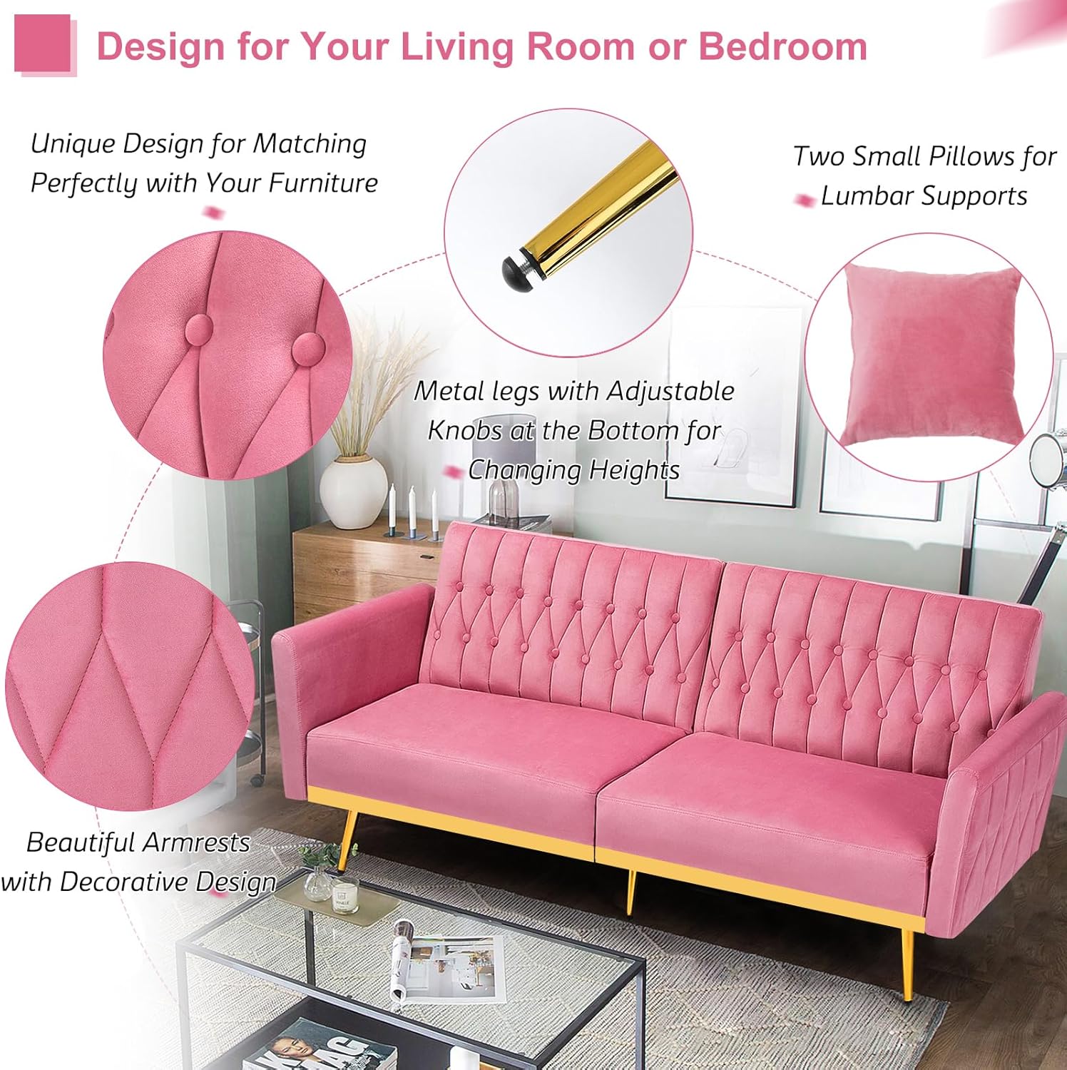 70' Velvet Futon Sofa Bed with 2 Pillows and Adjustable Armrests, Convertible Sleeper Bed, Modern Loveseat for Living Room, Bedroom, Pink