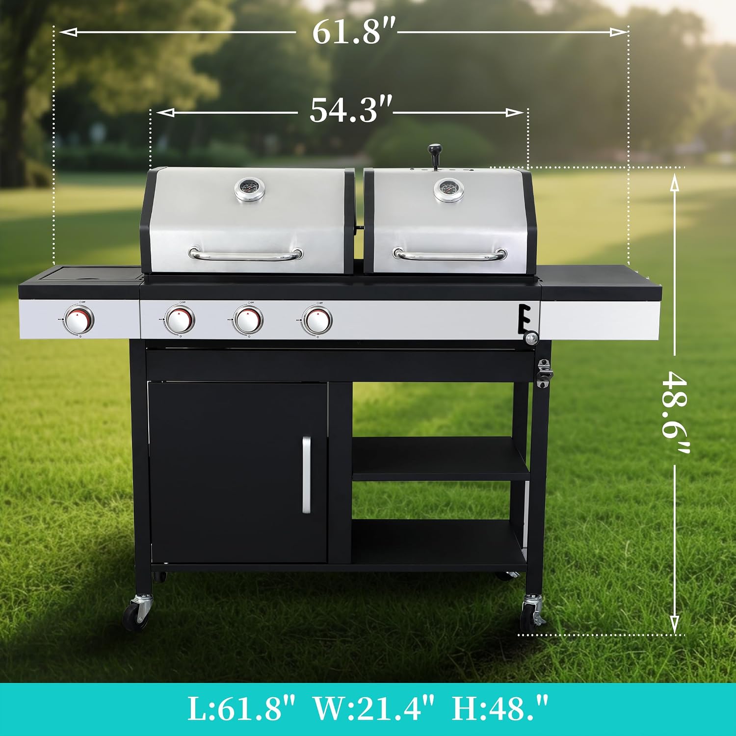 3 Burner Gas & Charcoal Combo Grill with Side Burner, 39,000 BTU Propane BBQ Grill, Cast Iron Grates & Griddle, Warming Rack, Grease Tray, Storage Cabinet, 4 Wheels for Outdoor Patio