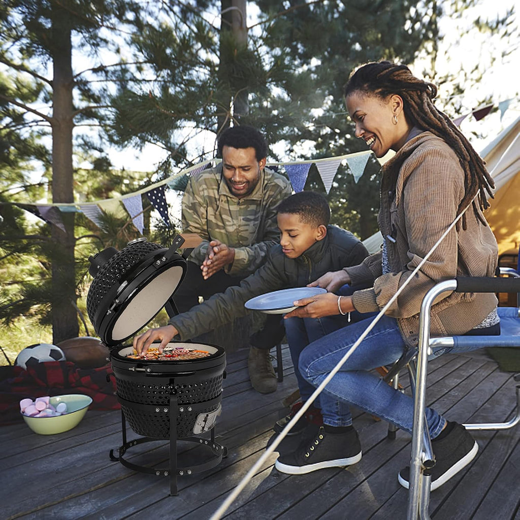Outvita Ceramic Grill, 13' Round Kamado Charcoal Grill, Portable Barbecue Grill with Thermometer for Variations on Cooking Methods(Black)
