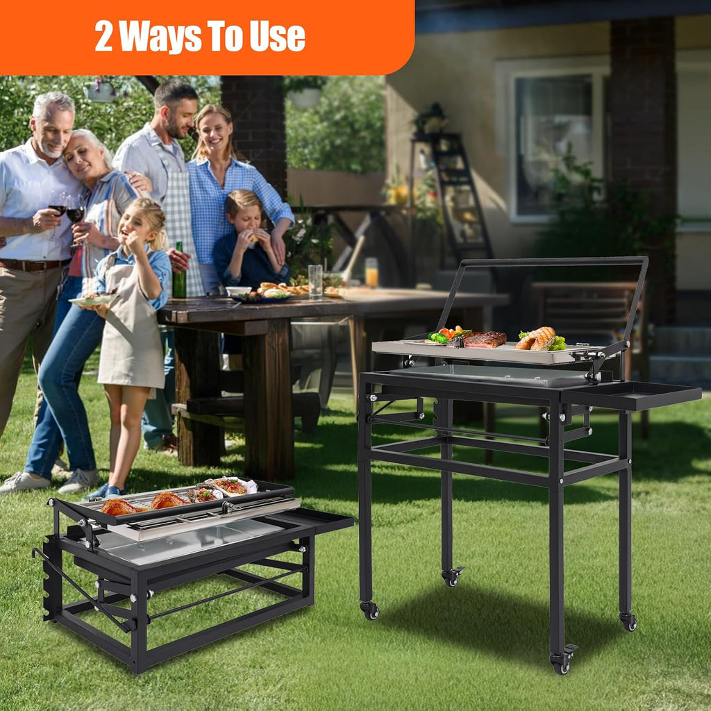 360° Rotating Charcoal Grill with Cart & Wheels, Charcoal Flip Grill for BBQ, Heavy Duty Square Outdoor Detachable Portable Grill for Camping, Picnic, Patio & Backyard Parties
