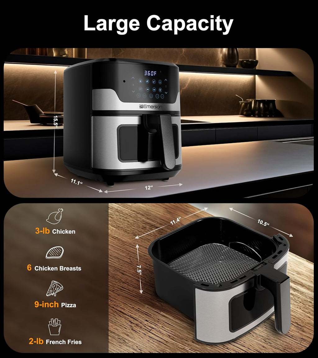 Emerson SmartVoice 5.3QT Air Fryer, 1000+ Voice Commands, 6-in-1 Digital Cooker, Compact Countertop Design, Oil-Free Healthy Cooking, Easy-Clean Nonstick Basket, 1500W
