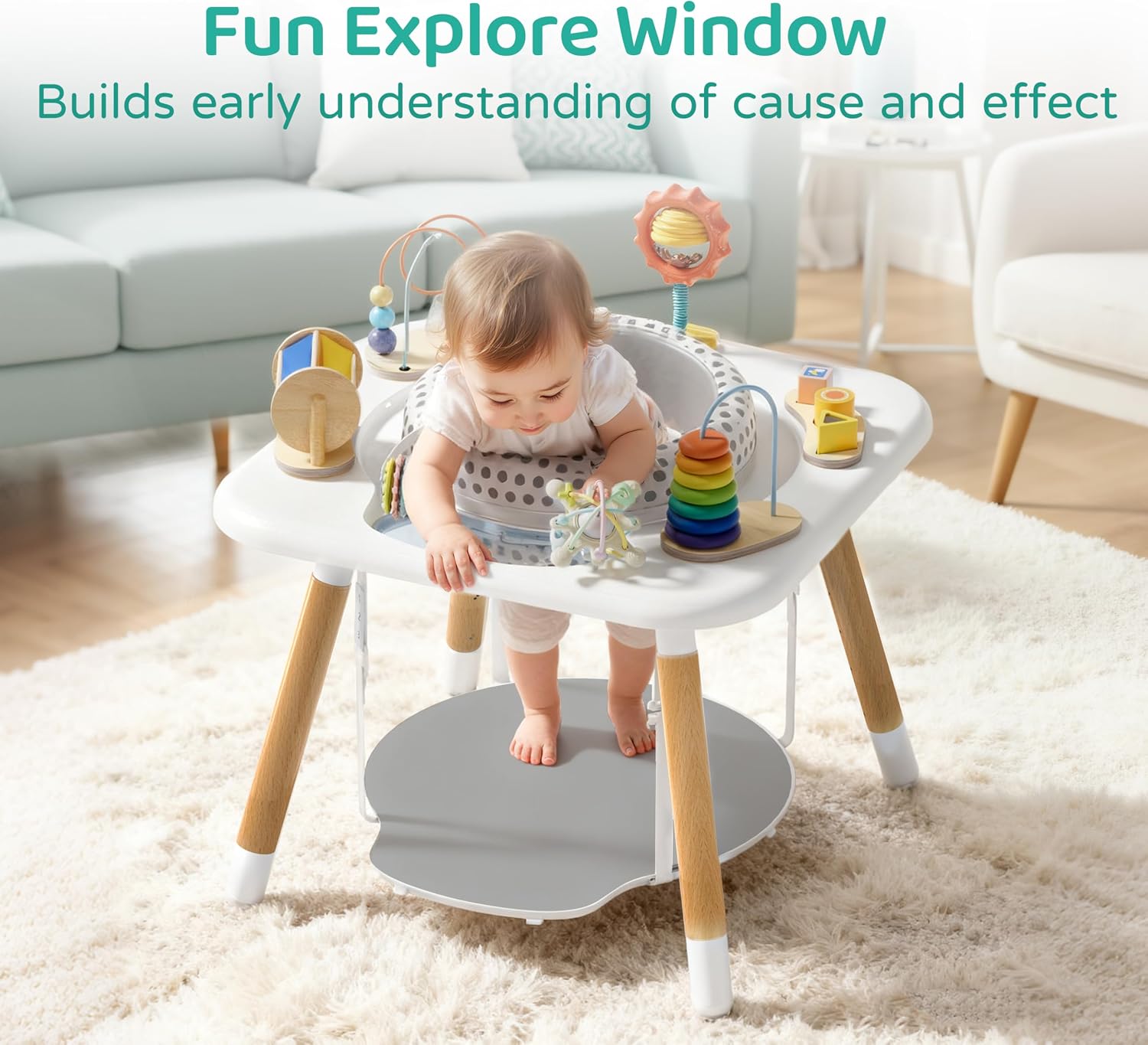 Kizfarm 3-Stage Baby Activity Center, Montessori-Inspired Design, 7 Interactive Toys with Teether, Exersaucer&Toddler Table, Shower Gift, 3 6 12 Month Old Baby Essential, Toy for Baby Infant Toddler