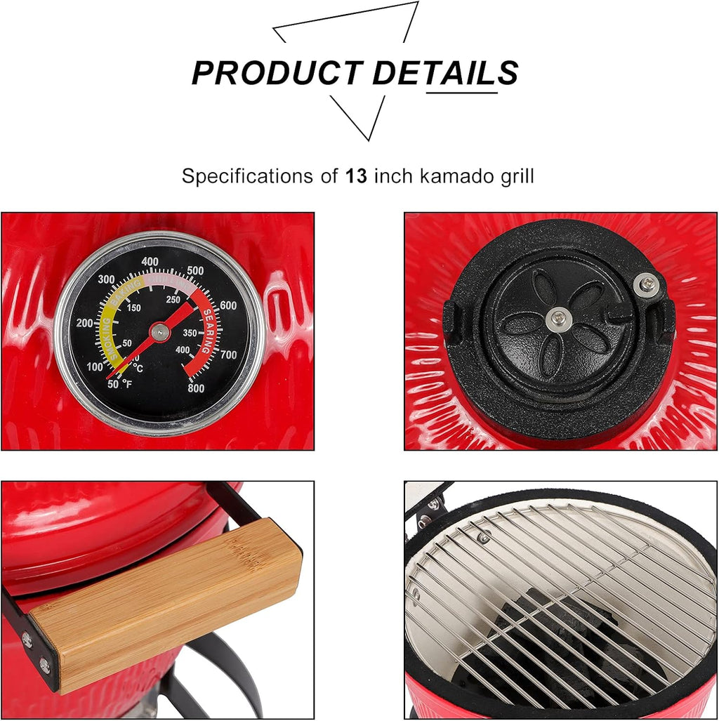 ROVSUN Kamado Charcoal Grill and Smoker with Cast Iron Grate, Portable, Best Small BBQ Grill for Indoor/Outdoor Use, 13'' Mini Max, Red