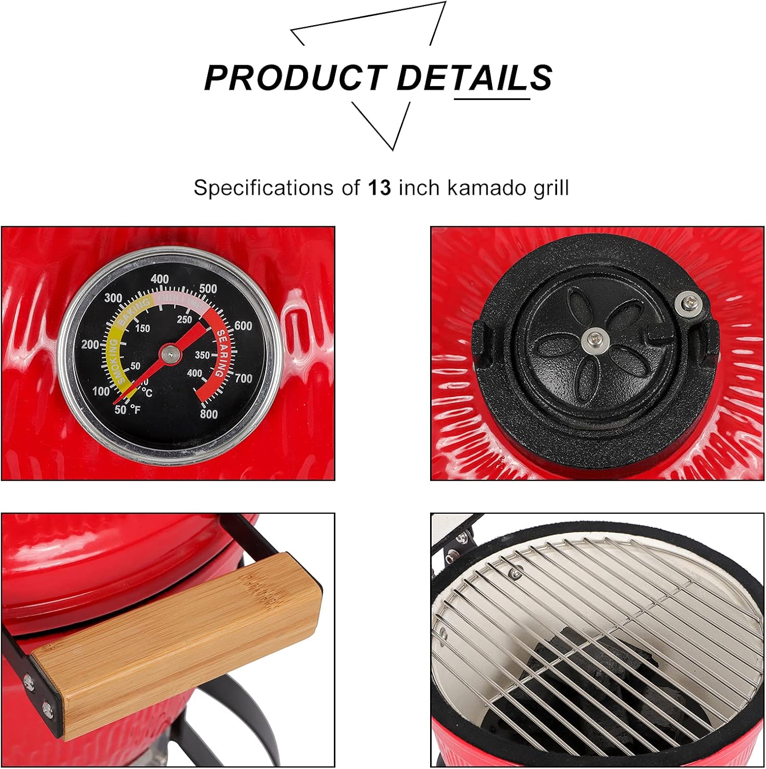 ROVSUN Kamado Charcoal Grill and Smoker with Cast Iron Grate, Portable, Best Small BBQ Grill for Indoor/Outdoor Use, 13'' Mini Max, Red