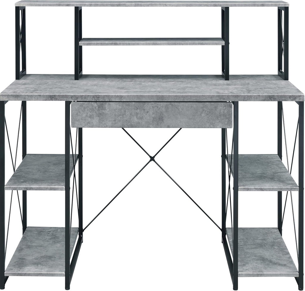 AMNOOL Office Desk with Open Shelves - Stylish Wood Recording Studio Workstation with Drawer and Compartments for Audio Equipment, Cables, and Accessories (Black+Grey)