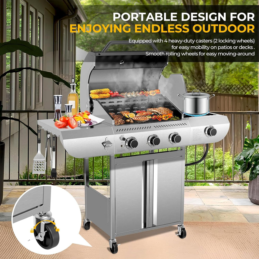 Electactic 3-Burner Propane Gas Grill with Side Burner – 34,000 BTU Stainless Steel Outdoor BBQ Grill, Cast Iron Grates, Portable with Wheels for Patio, Camping