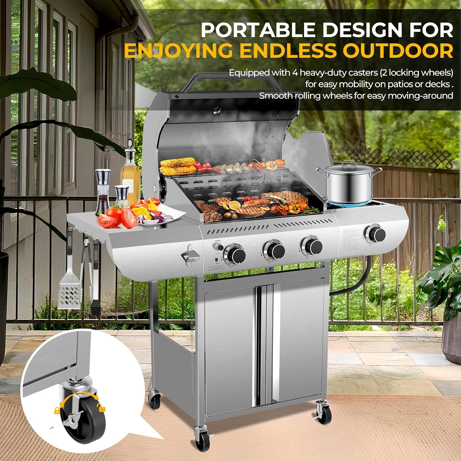 Electactic 3-Burner Propane Gas Grill with Side Burner – 34,000 BTU Stainless Steel Outdoor BBQ Grill, Cast Iron Grates, Portable with Wheels for Patio, Camping