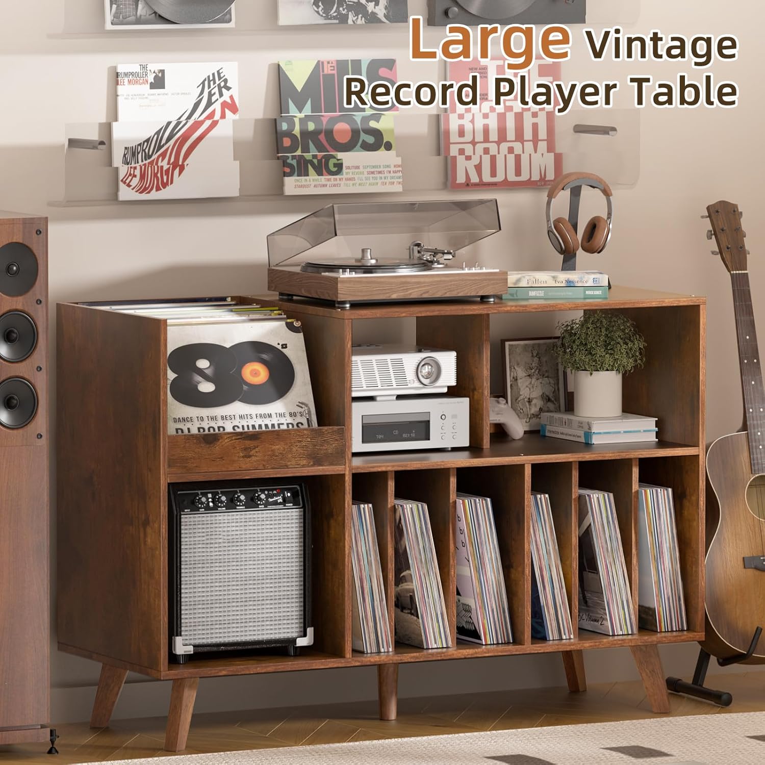 LELELINKY Large 48'' Record Player Stand with Storage, Vinyl Record Storage Holder with Display Area, Turntable Stand Record Player Table Holds Up to 450 Albums,Record Stand for Music Room Living Room