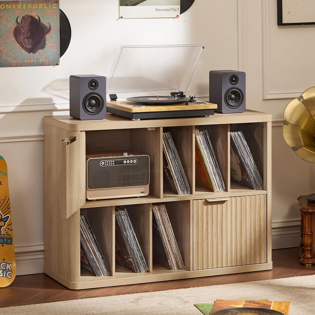 LEYAOYAO Large Record Player Stand with Vinyl Storage Up to 450 Albums, Wood Fluted Boho Record Storage Accent Cabinet, Modern Stereo Media Cabinets, Wide Turntable Stand for Living Room, Natural Oak