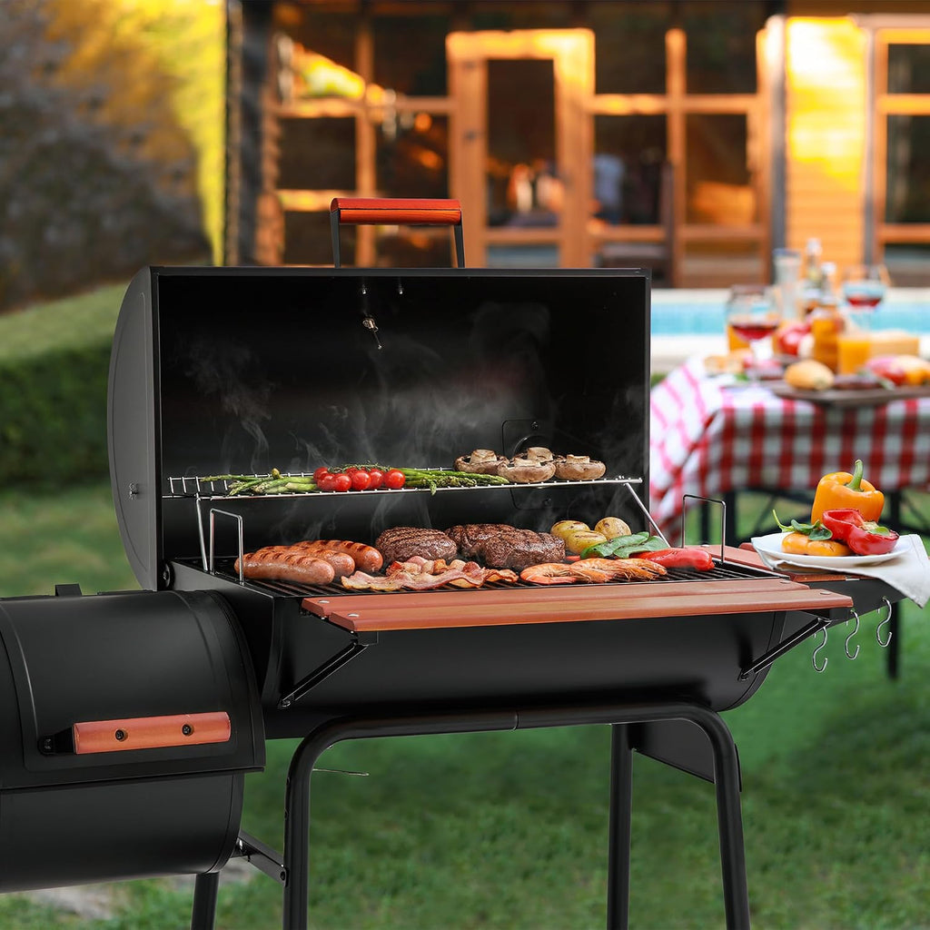 Royal Gourmet CC1830W 30-Inch Charcoal Grill with Offset Smoker and Wood-Painted Side Table, Outdoor Smoker Grill with 811 Sq. In. Cooking Area for Outdoor Barbecue Event, Black