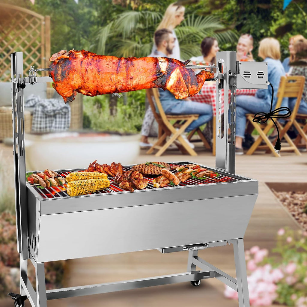 Rotisserie Grill Charcoal Spit Roaster, Stainless Steel 37' Pig Lamb Hooded Roaster Charcoal Spit With 25W Motor & Adjustable Height Lockable Casters For Party Barbecue,132 LBS Without Baffle