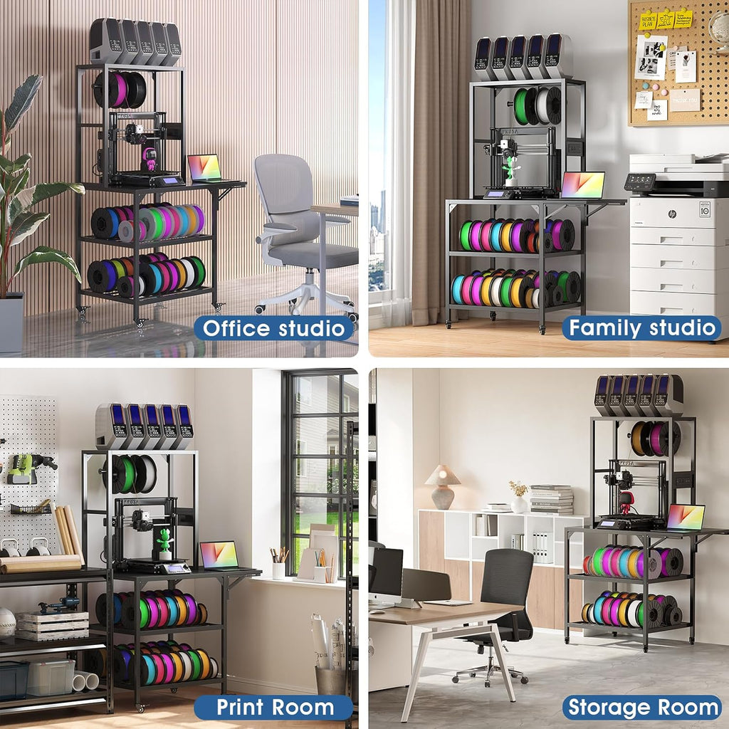 3D Printer Stand with Filament Storage Rack, Heavy Duty Mobile 3D Printer Table with T-Shaped Spools Holder & Wheels, Compatible with Most 3D Printers for Home Office, Workshop, 3D Printing Studio
