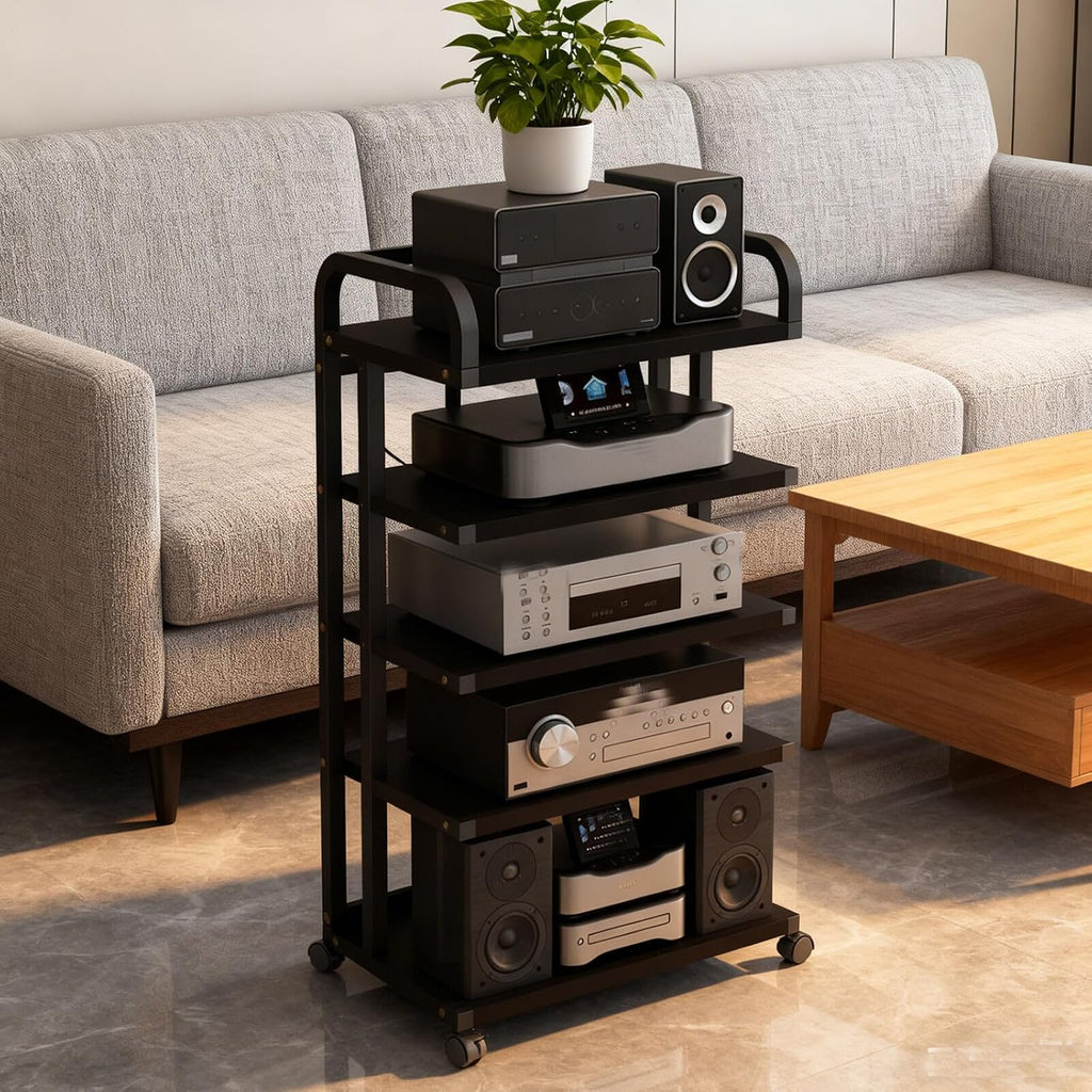 3/4/5-Tier Adjustable Open AV Media Stand, Heavy Duty Audio Equipment Shelf with Wheels, Movable Audio Rack for Stereo, Speakers & Home Theater Components(Black