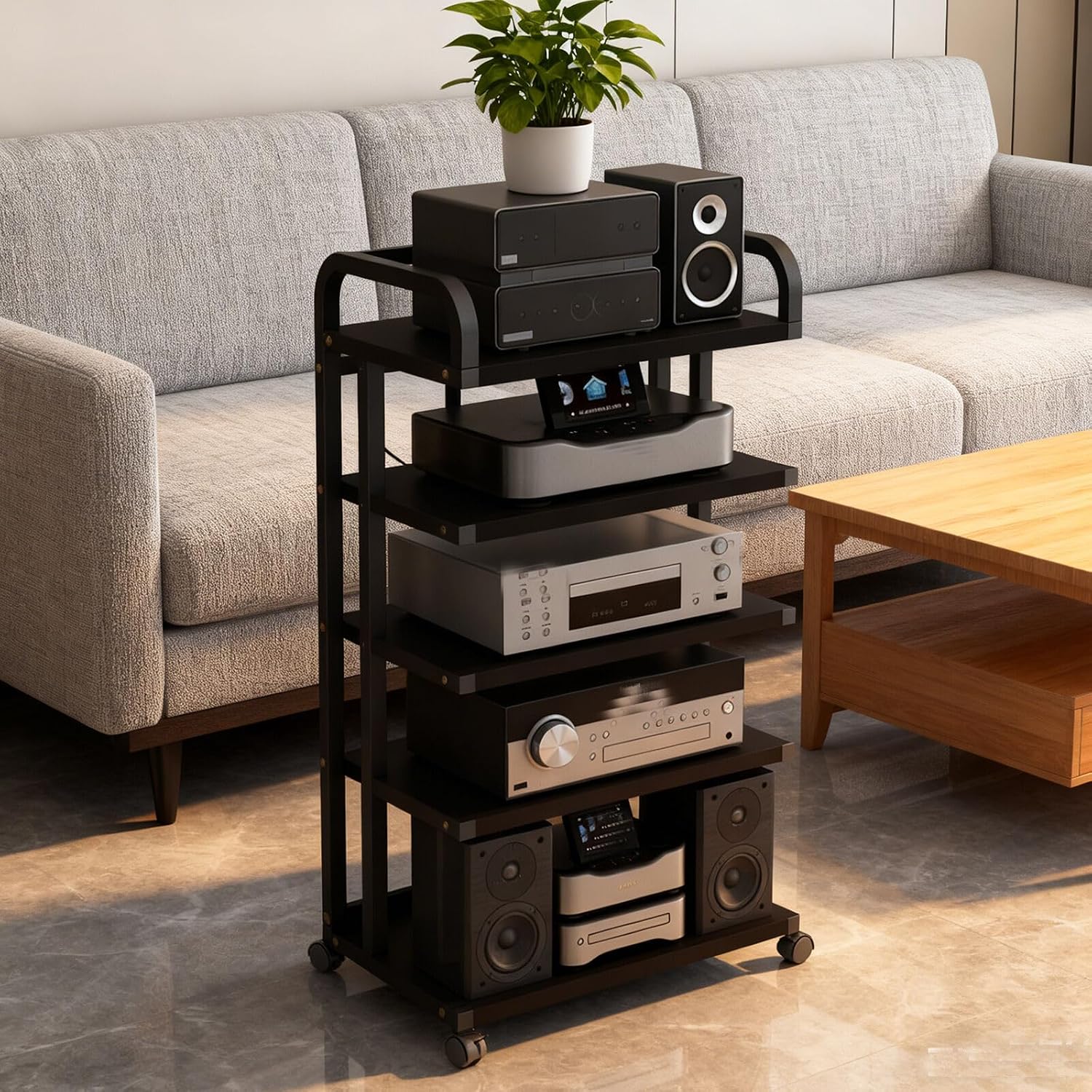 3/4/5-Tier Adjustable Open AV Media Stand, Heavy Duty Audio Equipment Shelf with Wheels, Movable Audio Rack for Stereo, Speakers & Home Theater Components(Black