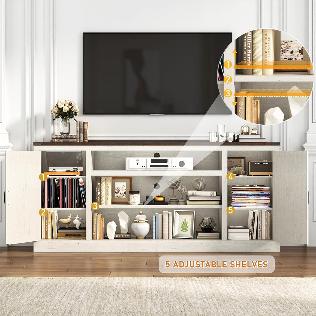 Hlivelood 75' Farmhouse TV Stand with Power Outlets for 85 Inch TVs, 33' Tall Entertainment Center with Storage Cabinets w/Adjustable Shelves, Rustic Large TV Media Console, Rustic White