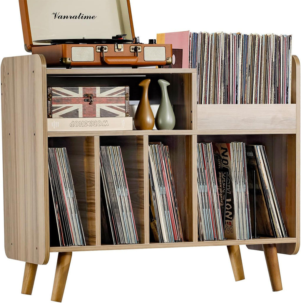 Record Player Stand, Large Record Player Table Cabinet with Open Vinyl Storage and Display Shelf Holds up to 350 Albums, Mid Century Wood Turntable for Living Room, Bedroom (Walnut)