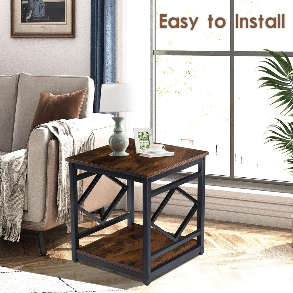 HODGSON Industrial End Table Side Table with Storage 18' *18', Square Wood End Table Stand for Mini Fridge Living Room Bedroom Room Corner Dorm Night Stand with Storage Metal Frames
