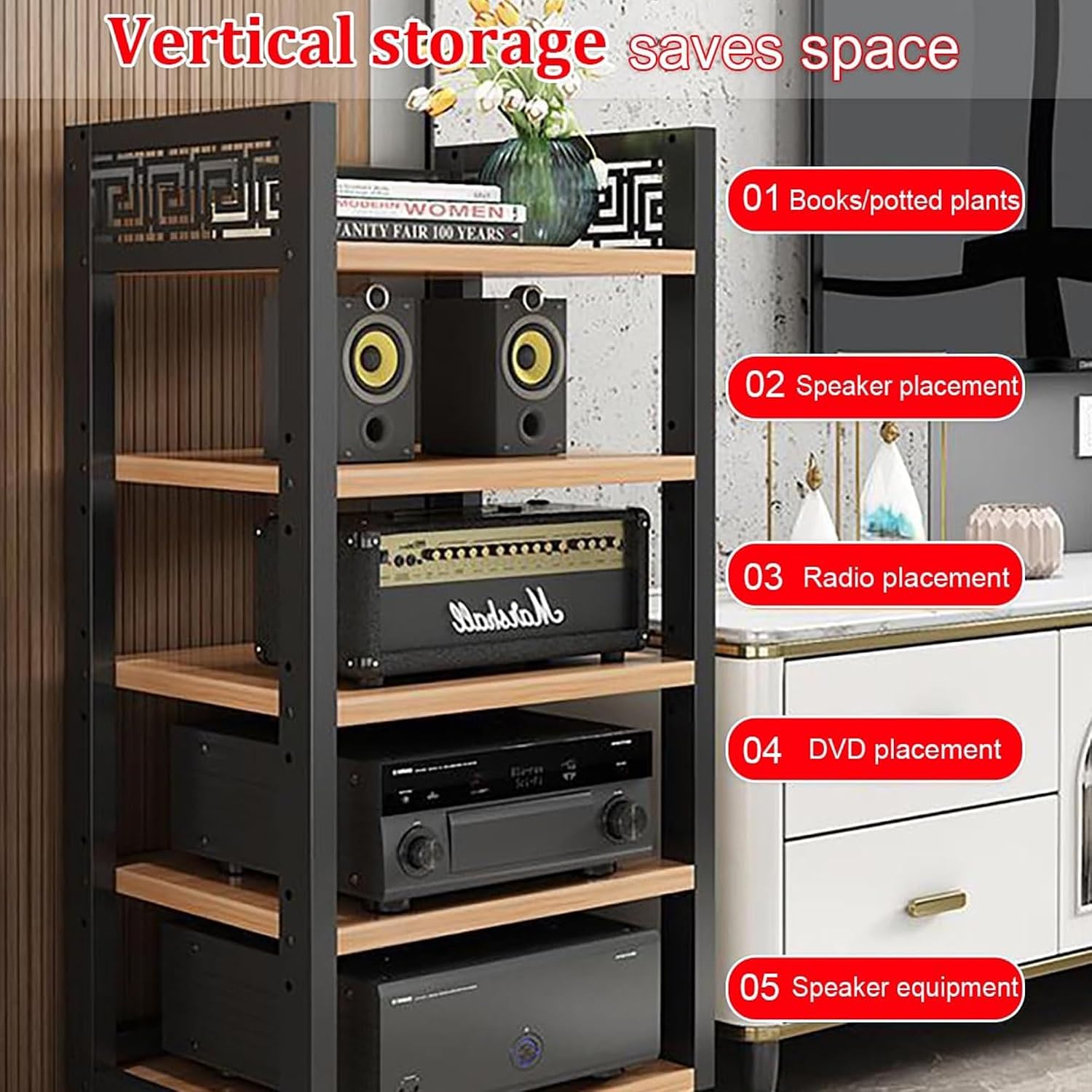Modern AV Media Stand - Open Stereo Rack Storage Cabinet, Corner Shelf for Audio-Video Equipment, Ideal for Recording Room, Office, Home Theater, Light Walnut Finish (34.6in)
