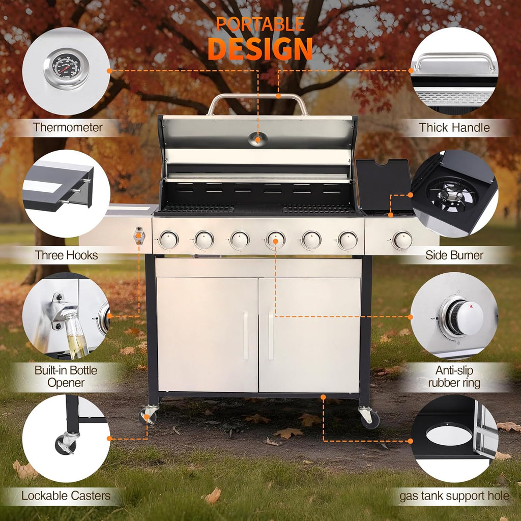 6-Burner Propane Grill - 65850 BTU BBQ with Side Burner | Porcelain Cast Iron Grates | Stainless Steel Outdoor Grill for Backyard, Camping, Tailgating (Fast Heating & Easy Clean)