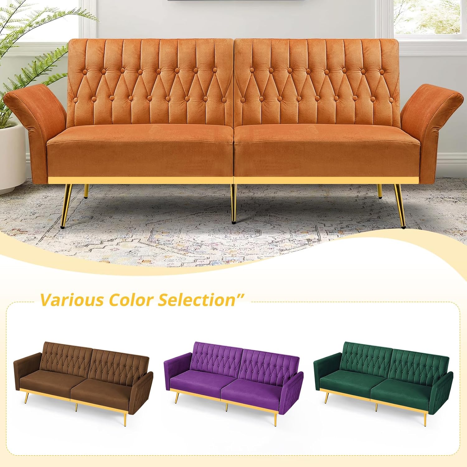 70' Velvet Futon Sofa Bed w/Adjustable Armrests & 2 Pillows, Convertible Futon Couch w/Adjustable Backrests, Modern Sleeper Bed for Living Room, Bedroom, Orange