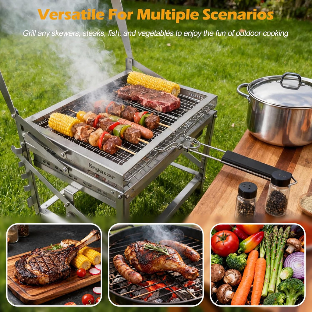 Ergocar Charcoal Grill Outdoor Multi-Function Portable Rotatable Adjustable Height 4-Tier Charcoal Tray Ideal For Outdoor Smoking, Picnics, Camping Barbecues