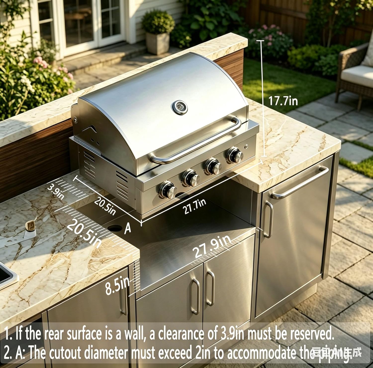28-inch Built-in Gas Grill, 4 Burner Propane Gas Grill 48,400 BTU, 304 Stainless Steel, Charcoal and Propane Gas Dual Fuel for Patio Backyard Parties Barbecue