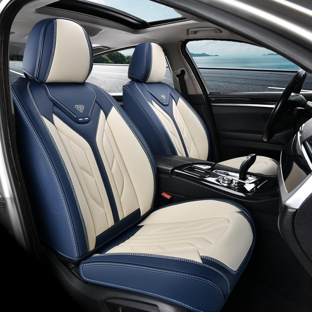 Coverado Car Seat Covers Full Set, Leather Seat Covers for Cars, Waterproof Automotive Seat Covers Car Seat Protectors Car Accessories Universal Fit for Most Sedans SUV Pick-up Truck(Blue&Beige)