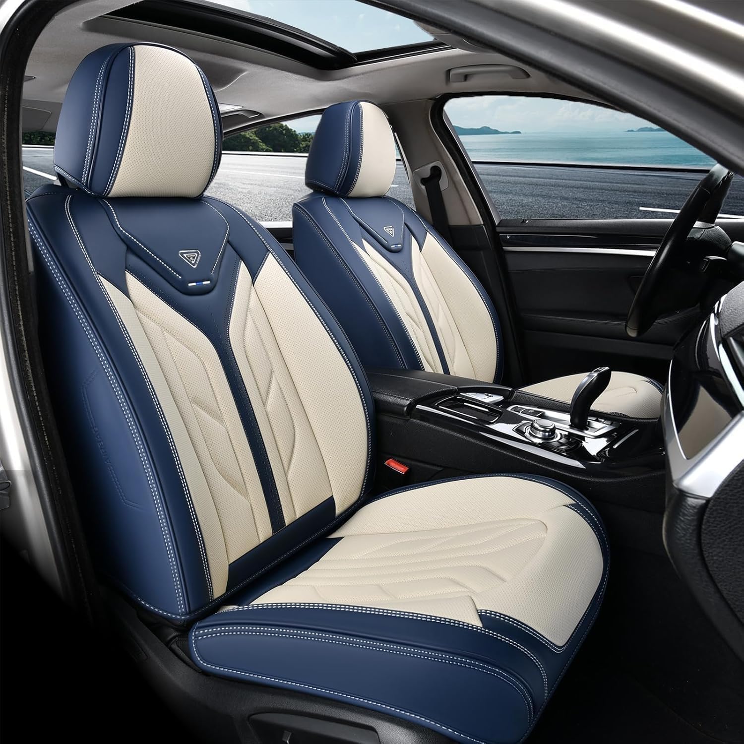 Coverado Car Seat Covers Full Set, Leather Seat Covers for Cars, Waterproof Automotive Seat Covers Car Seat Protectors Car Accessories Universal Fit for Most Sedans SUV Pick-up Truck(Blue&Beige)
