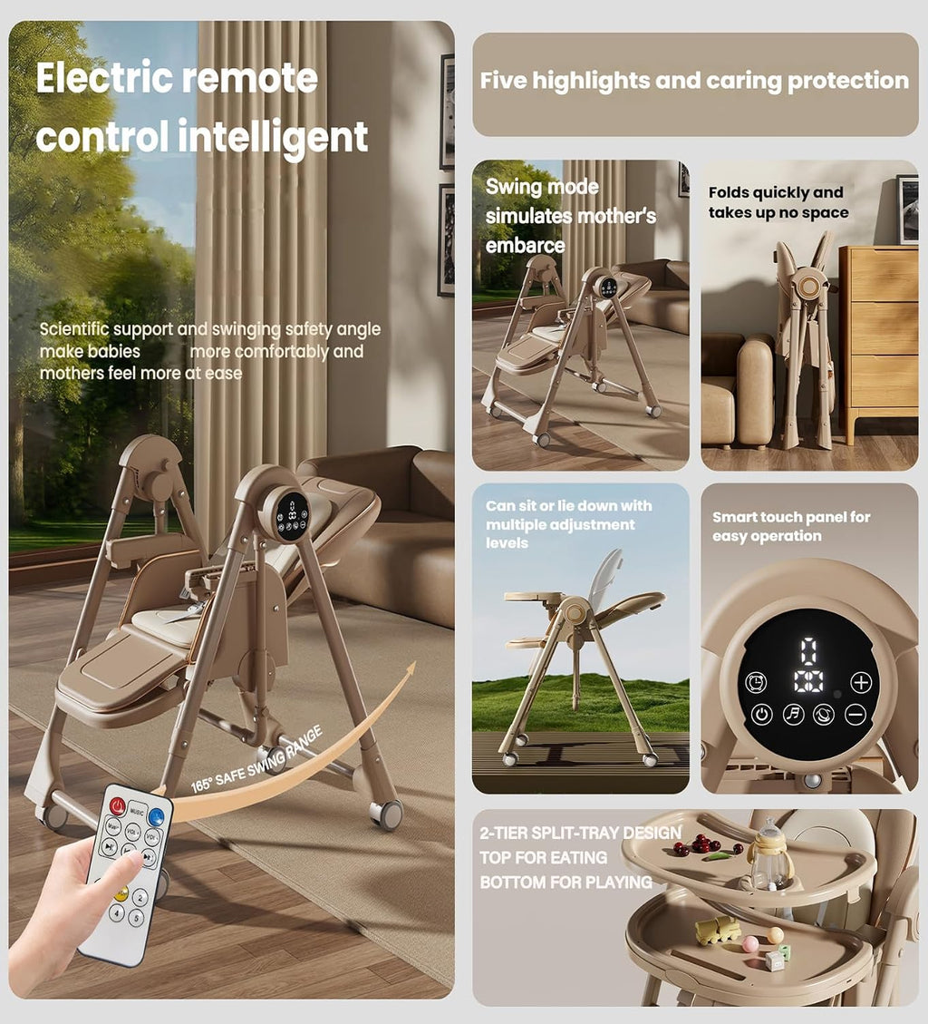 Nine point nine Electric Bluetooth Smart PU Leather Baby High Chair with Swinging Function, High Chairs for Babies and Toddlers, Removable Double Tray Baby Seat Feeding Chairs (E8121 Khaki)