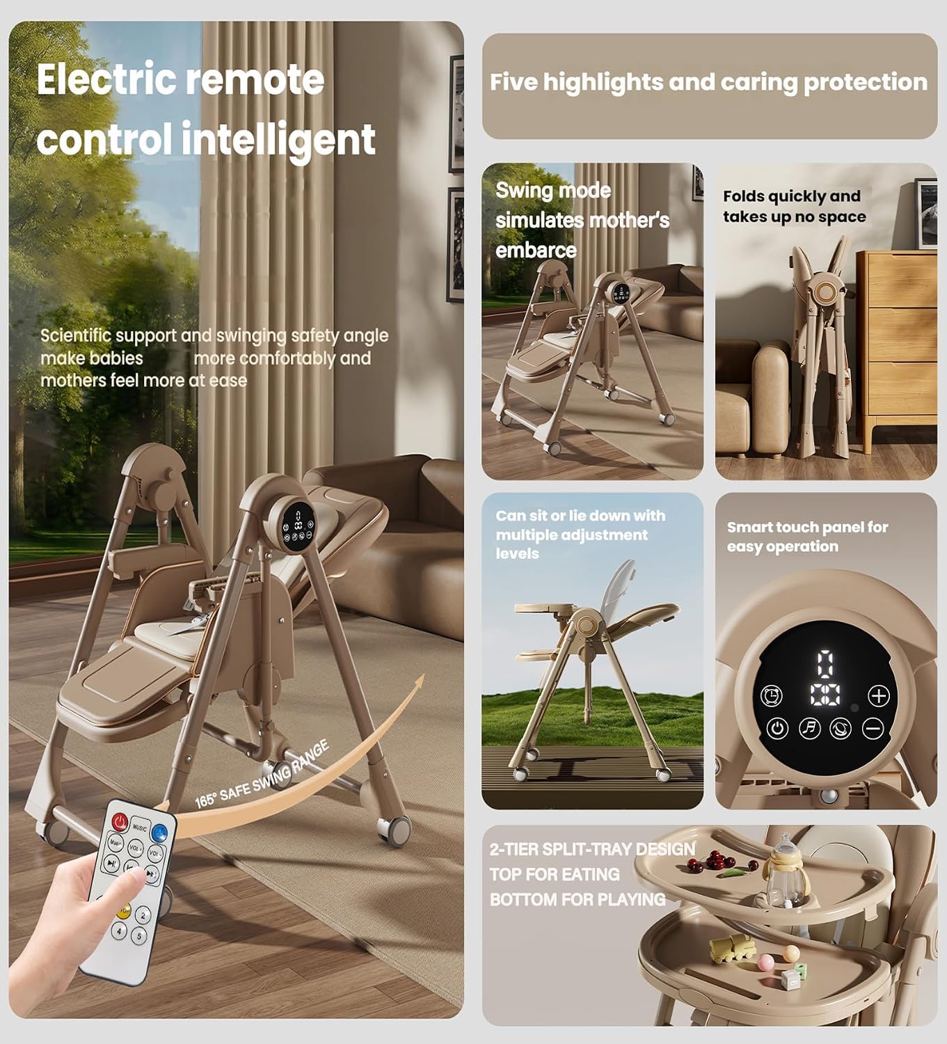 Nine point nine Electric Bluetooth Smart PU Leather Baby High Chair with Swinging Function, High Chairs for Babies and Toddlers, Removable Double Tray Baby Seat Feeding Chairs (E8121 Khaki)