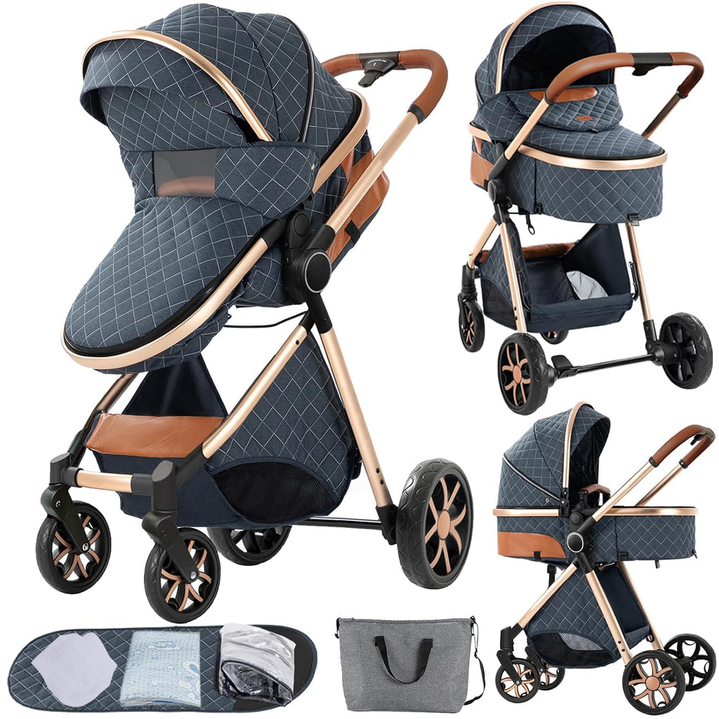 2 in 1 Baby Stroller Convertible Reversible Standard Pram Portable Pushchair Infant Buggy Baby Carriage Foldable High Landscape Pram for Toddler Newborn (225 Blue)