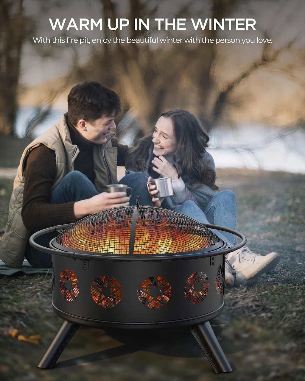 32 Inch Fire Pit with BBQ Grill & Mesh Cover, Wood Burning Fire Pits for Outside with Fire Poker, Pentagram Hollow Design, Round Metal Outdoor Firepit for Patio, Garden, Backyard, Bonfire Party