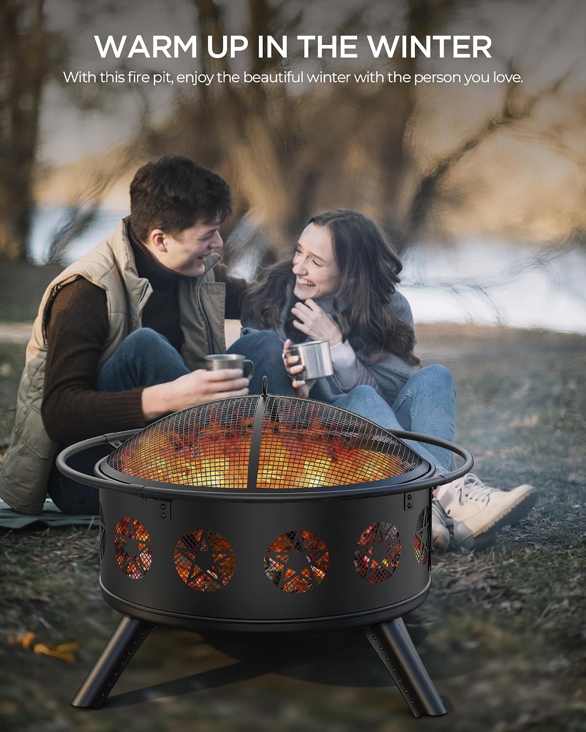 32 Inch Fire Pit with BBQ Grill & Mesh Cover, Wood Burning Fire Pits for Outside with Fire Poker, Pentagram Hollow Design, Round Metal Outdoor Firepit for Patio, Garden, Backyard, Bonfire Party