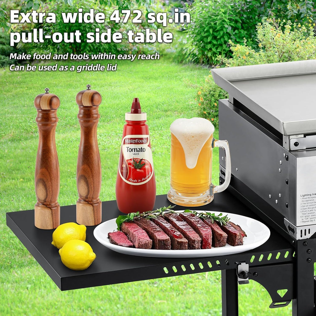 MELLCOM 3 Burner 30000 BTU Outdoor Gas Griddle with Lid (Side Shelf), Portable Flat Top Griddle 28 Inch Heavy- Duty Cast lron Grill, Bottle Rack & Grease Pan for Camping, Picnic, Patio