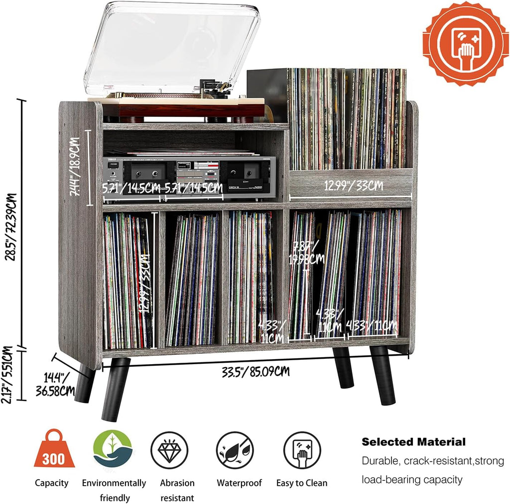Record Player Stand, Large Record Player Table Cabinet with Open Vinyl Storage and Display Shelf Holds up to 250 Albums, Mid Century Wood Turntable for Living Room, Bedroom (Grey)