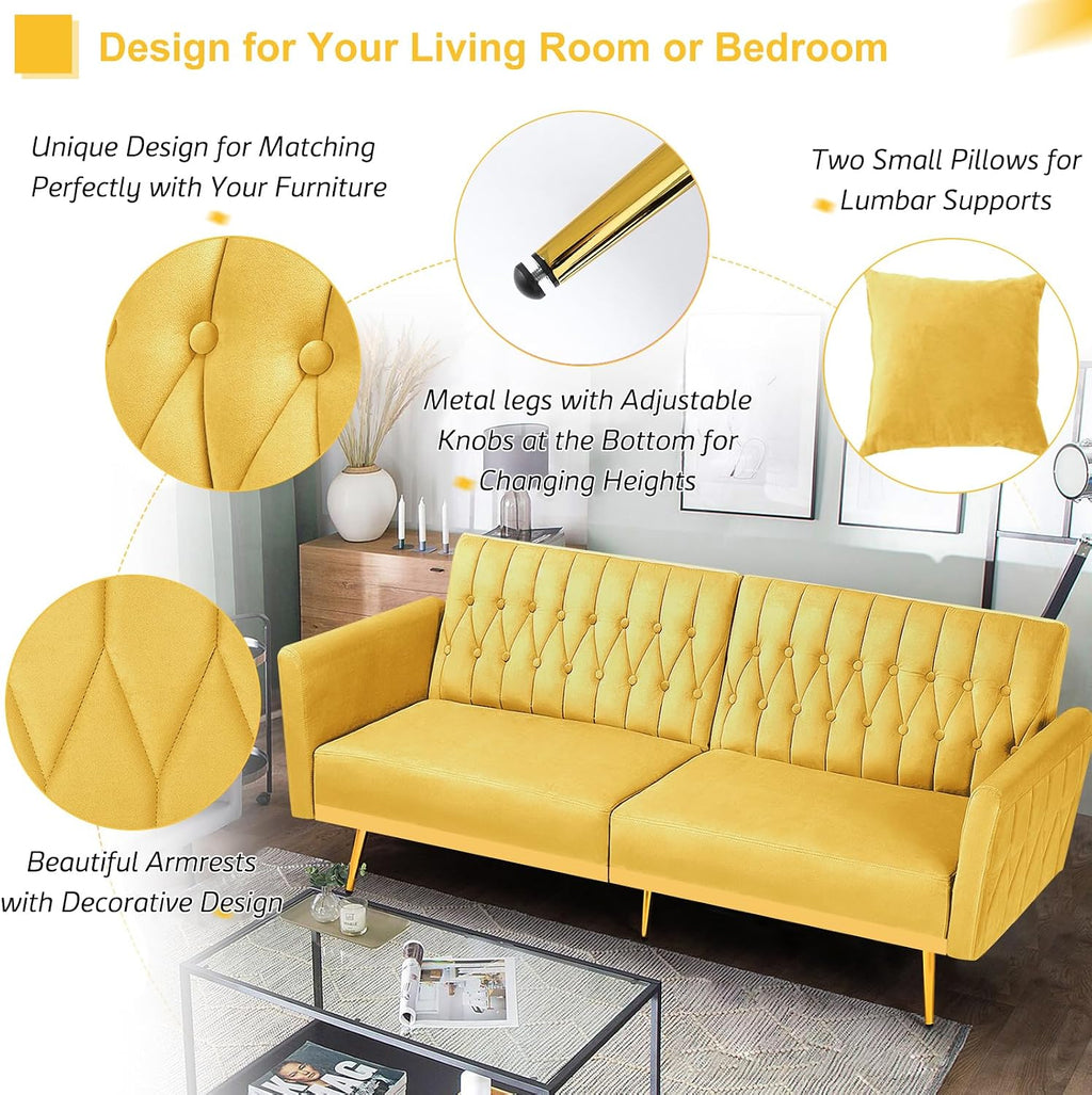 70' Velvet Futon Sofa Bed w/Adjustable Armrests & 2 Pillows, Convertible Futon Couch w/Adjustable Backrests, Modern Sleeper Bed for Living Room, Bedroom, Yellow