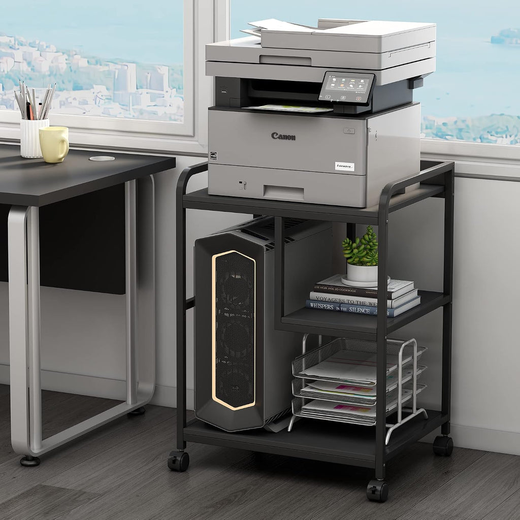 Fannova Printer Stand with Storage Shelf for Home Office Organization, 22 x 18 Inch Large Printer Table with Wheels, Shredder Stand, CPU Stand, Rolling Cart for Host Computer, PC Tower, Desktop- Black