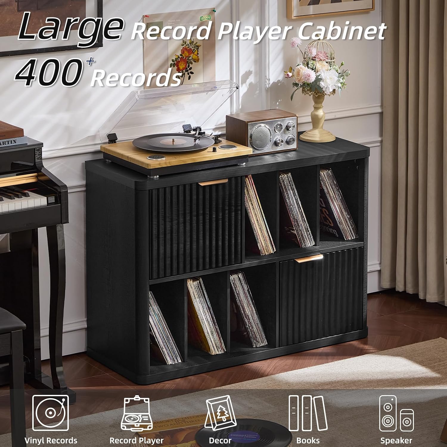 LEYAOYAO Large Record Player Stand with Vinyl Storage Up to 450 Albums, Wood Fluted Boho Record Storage Accent Cabinet, Modern Stereo Media Cabinets, Wide Turntable Stand for Living Room, Black Oak