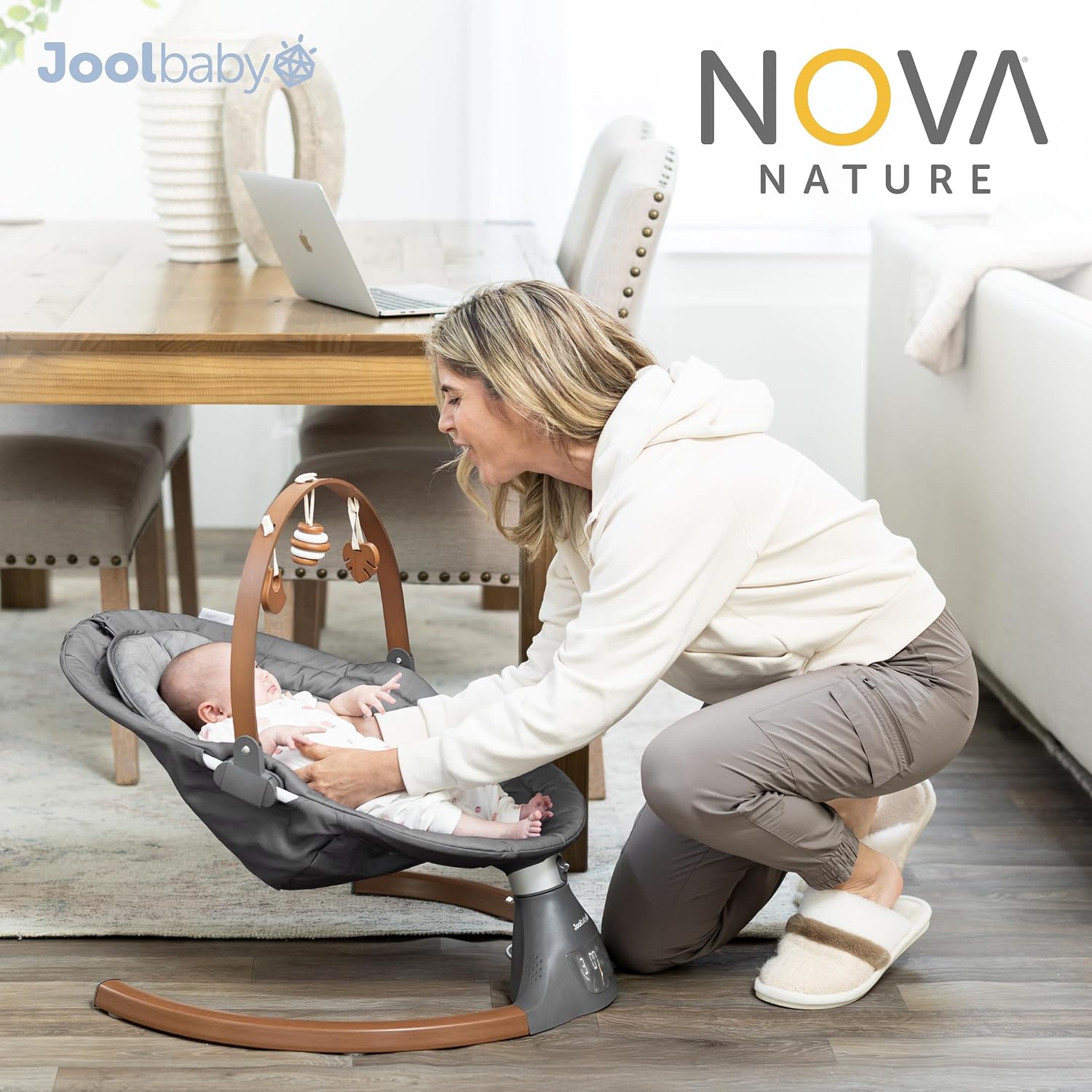 Jool Baby Nova Nature Baby Swing for Newborns with Natural Wood Toys, Electric Motorized Infant Swing, Bluetooth Music, Remote (Slate)