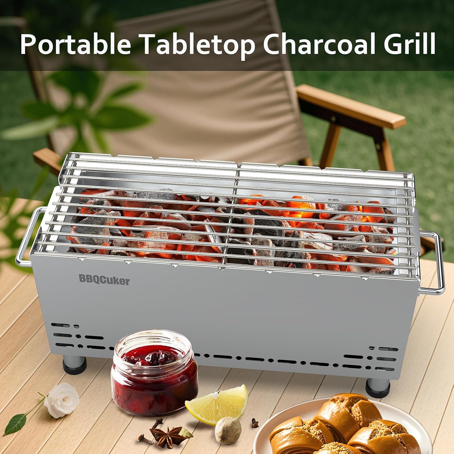 BBQCuker Portable Charcoal Grill,Heavy-Duty Stainless Steel Small BBQ Grill with Double-Layer Insulation Design,170 Sq. In. cooking Area,Tabletop Grill with Travel Bag for Outdoor Camping and Picnic