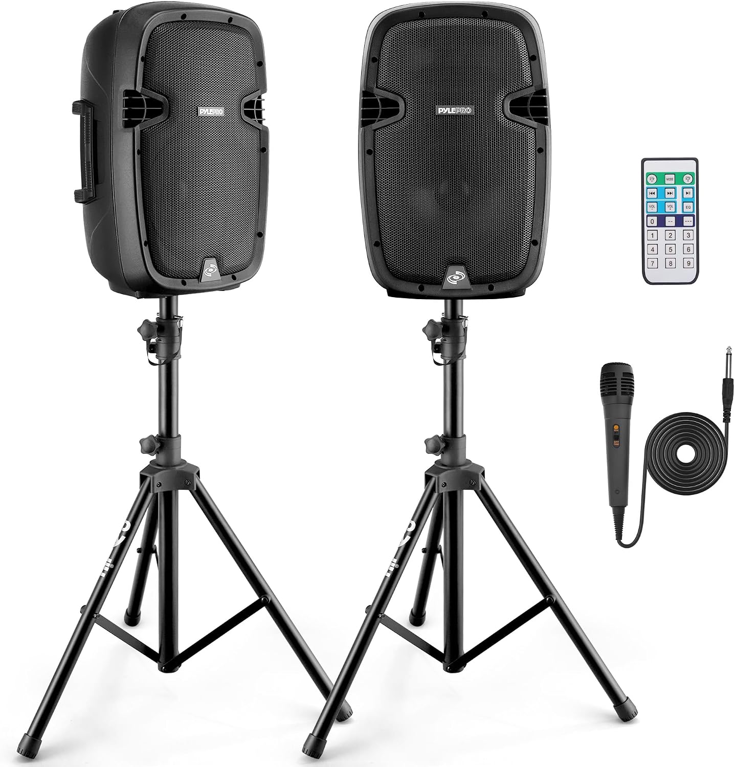Pyle 10' Wireless Portable PA system - 1000W High Powered Bluetooth Compatible Active + Passive Pair Outdoor Sound Speakers w/ USB SD MP3 AUX - 35mm Mount, 2 Stands, Microphone, Remote - PPHP1049KT