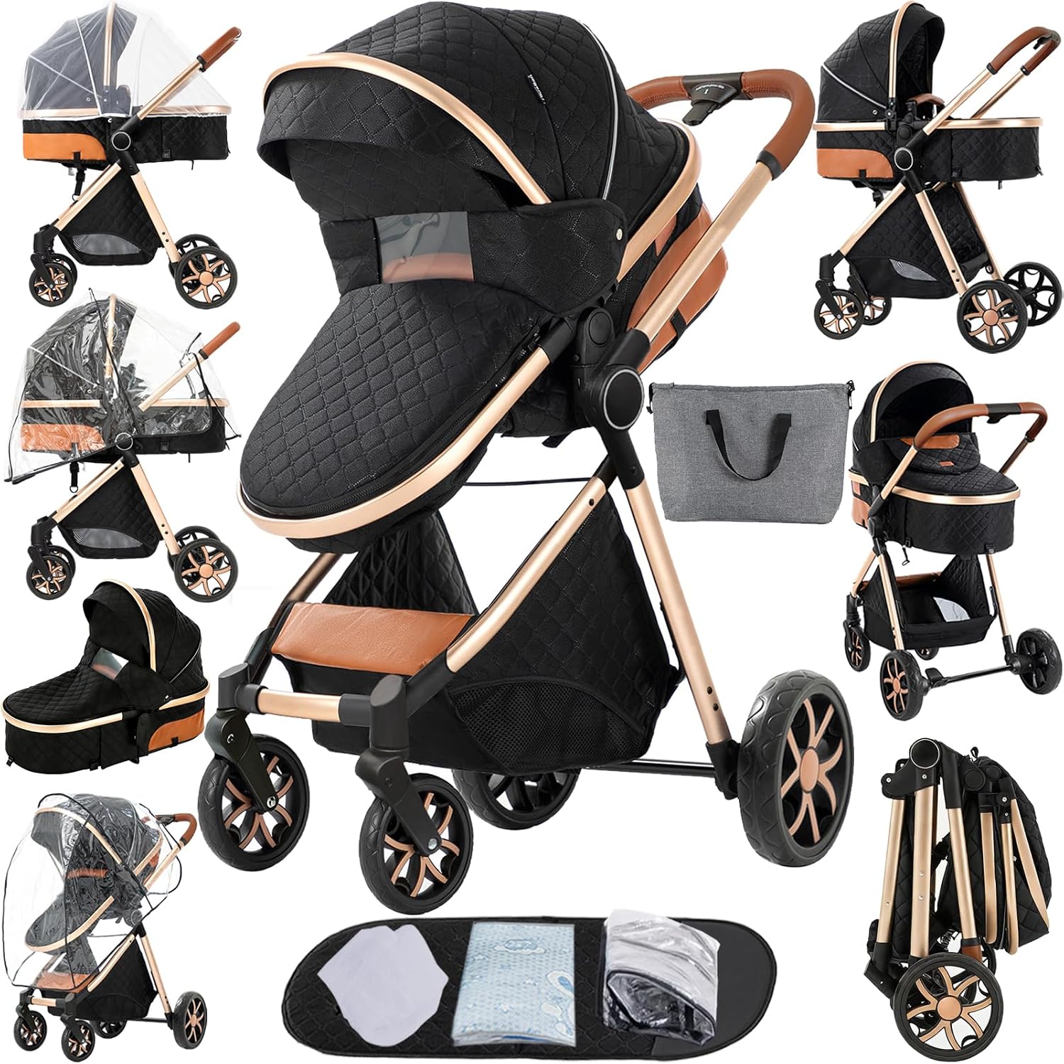 2 in 1 Baby Stroller, Convertible Foldable Standard Stroller, Reversible Pushchair Infant Buggy Carriage, Portable High Landscape Pram for Toddler Newborn, Aluminum Alloy (225 Black Gold)