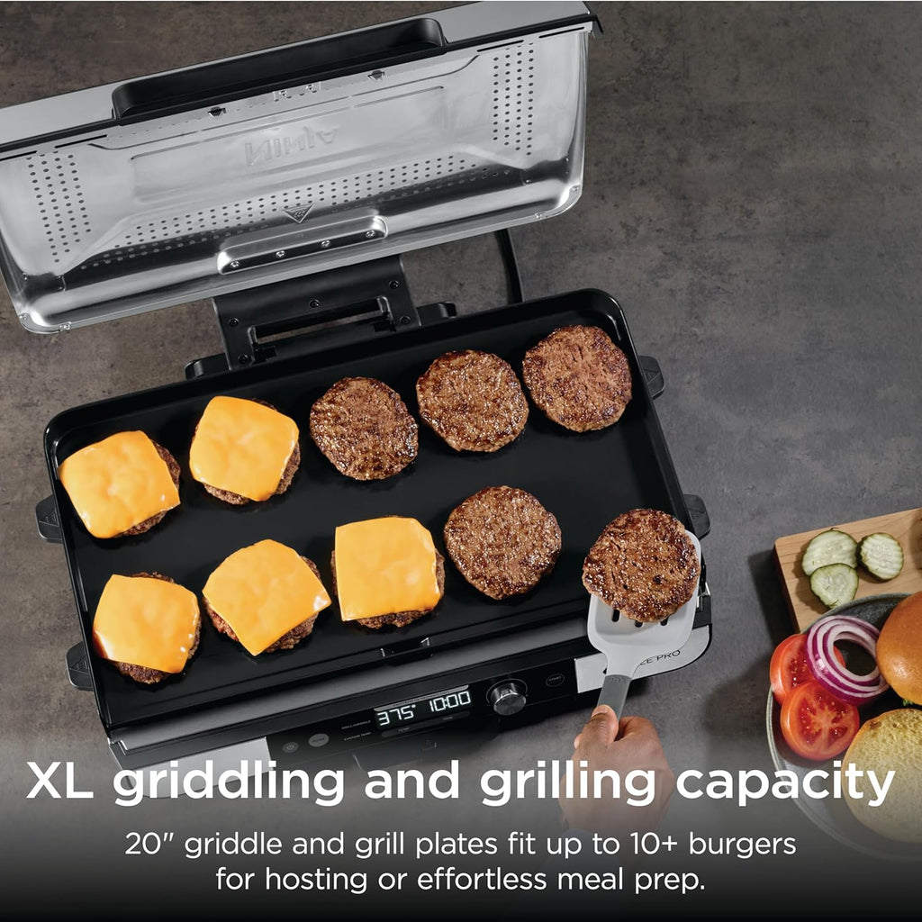 Ninja Sizzle Pro XL 20-Inch Indoor Griddle + Grill, Detachable Ventilated Lid, Grease Control, Ceramic Nonstick Plates, Even Edge Cooking, Extra Large Capacity, Versatile, Silver, GX101