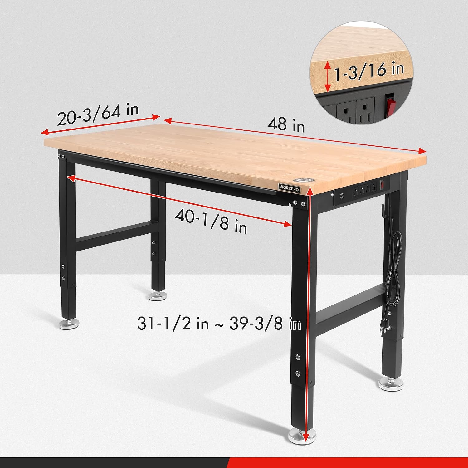 WORKPRO 48' Adjustable Workbench, Rubber Wood Top Heavy-Duty Workstation, 2000 LBS Load Capacity Hardwood Worktable with Power Outlets, for Workshop, Garage