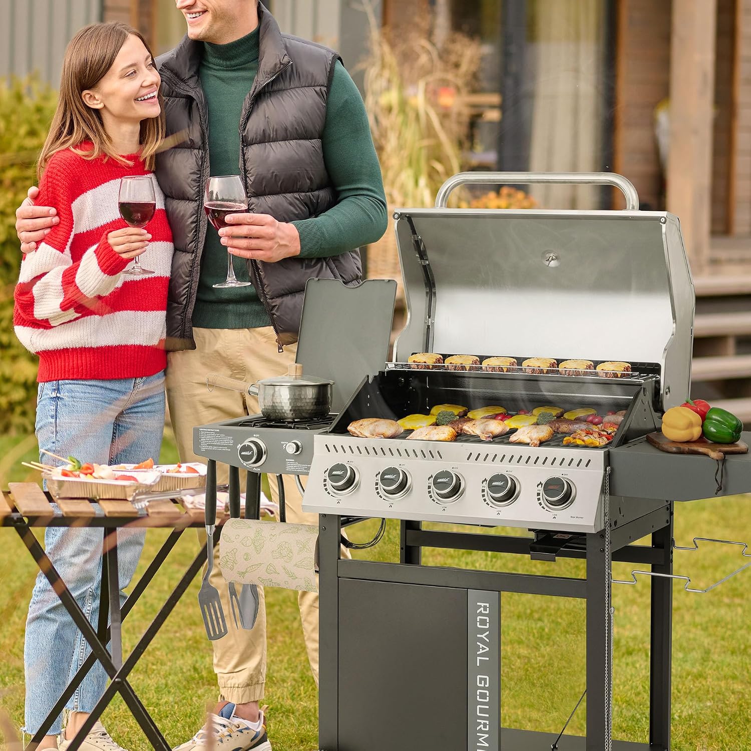 Royal Gourmet GA5406TS 5 Burner Propane Gas Grill with Side Burner and Sear Burner, Cart Style Gas BBQ Grill with Porcelain-Enameled Cast Iron Grates for Backyard Cooking, Silver & Black