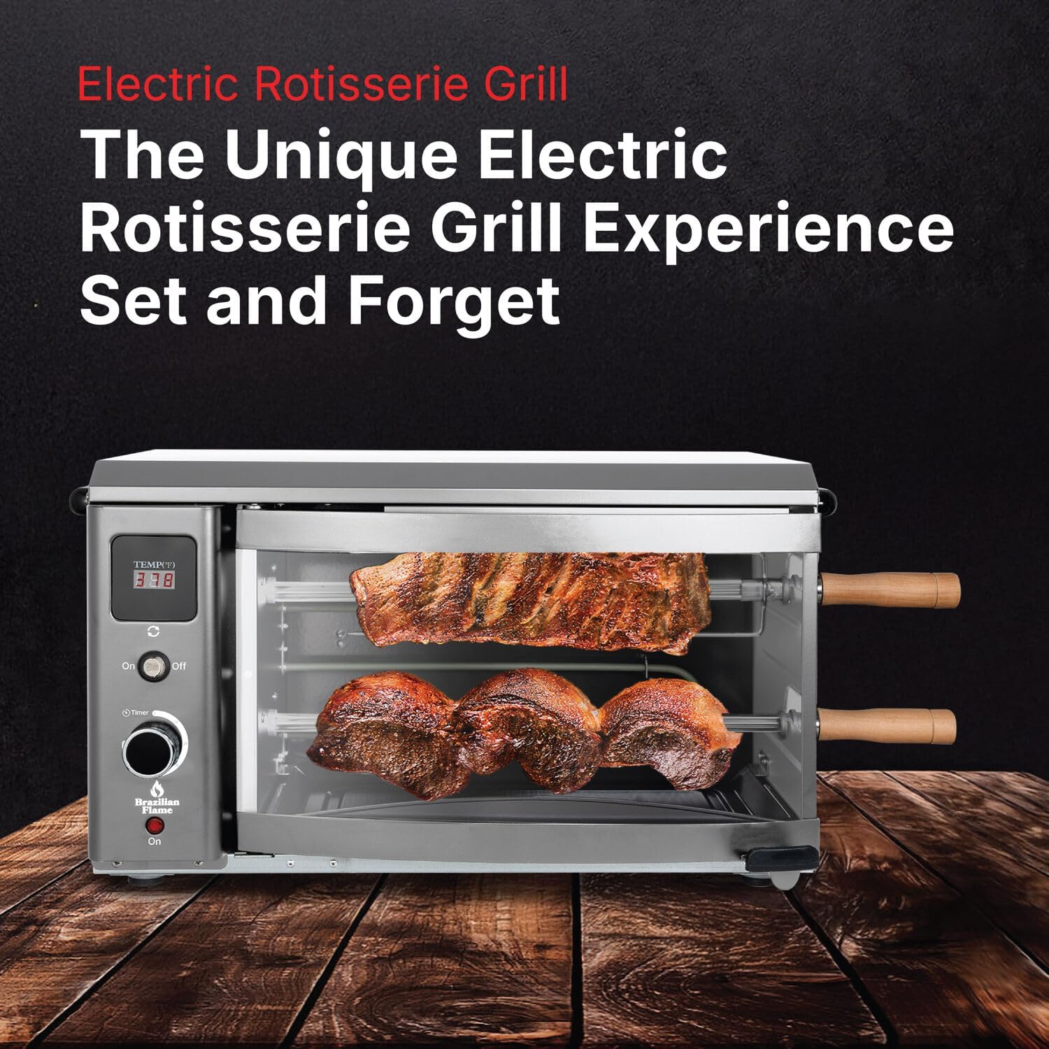 Brazilian Flame Indoor or Outdoor Rotisserie Grill Roaster with 2 Auto Rotating Skewers for Rotisserie Chicken, Steak, Fish, Brazilian Style BBQ, Electric Rotisserie Oven for Apartment or Home