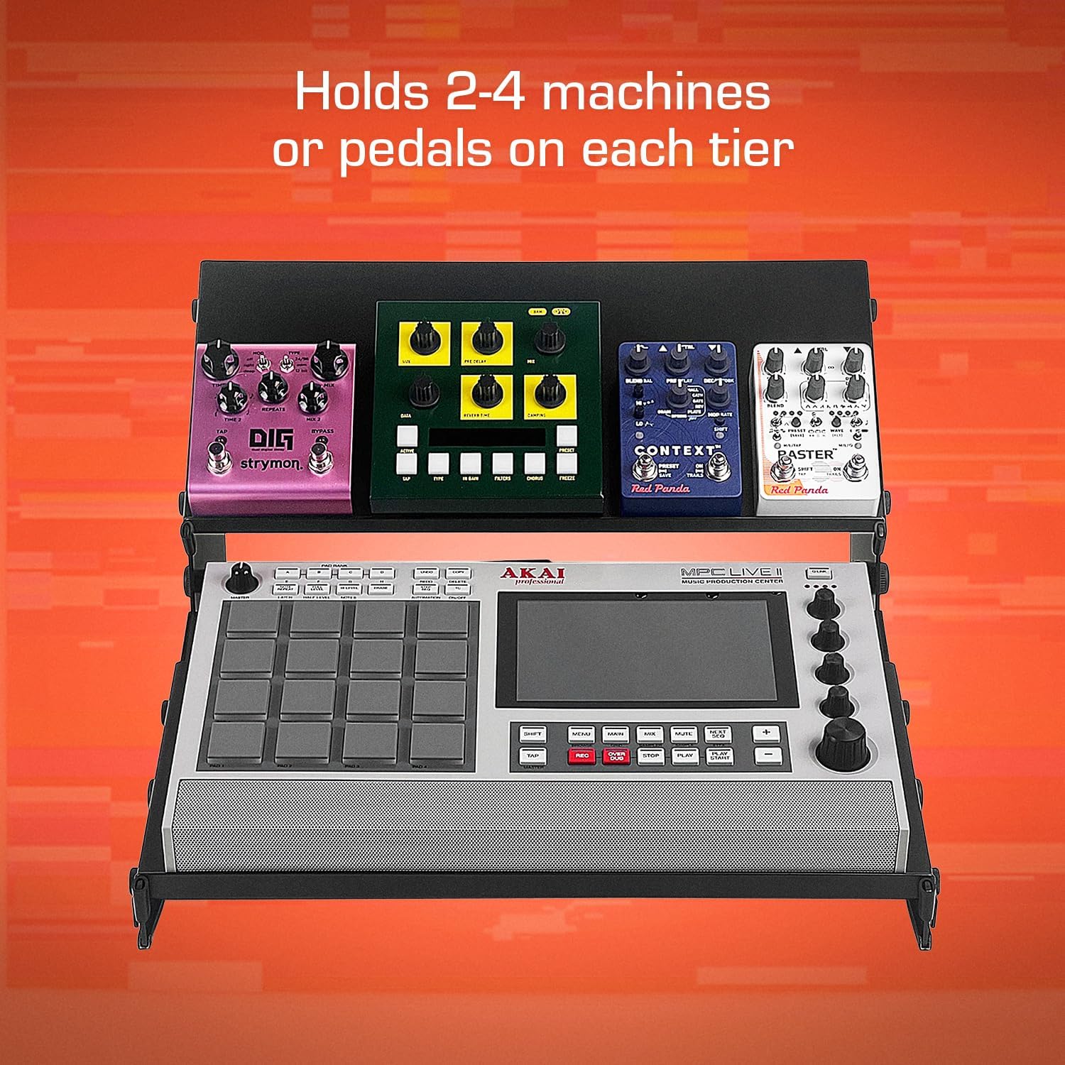 XTS Duo-Flex Desktop Stand, 2 Tiers with Trays for FX Pedals / Synths / Samplers / Audio Interfaces / MIDI Controllers, Holds 2-4 Pedals or Machines on Each Tier, 17.7' Width, Fits MPC Live 3 / TR-8S / Digitakt & more